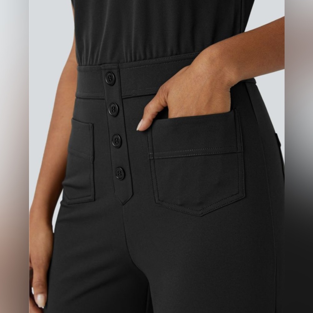 NWT Halara Xl Black Sleeveless Keyhole Jumpsuit Pockets Buttons Work - Picture 3 of 9